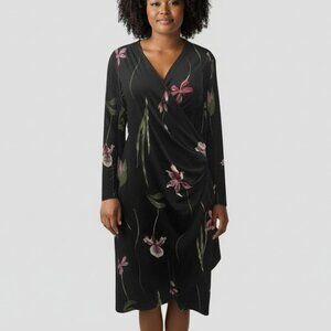LORI M Black Floral Faux Wrap Midi Dress Long Sleeve V-Neck Orchid Print XL